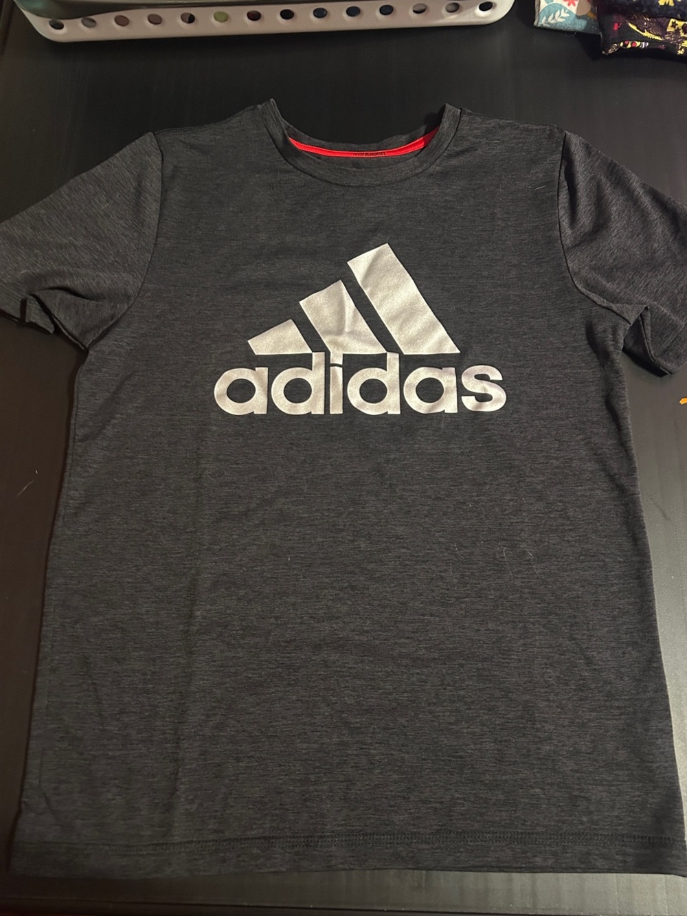 adidas Charcoal Heather Tee with Silver Logo and Red Trim
